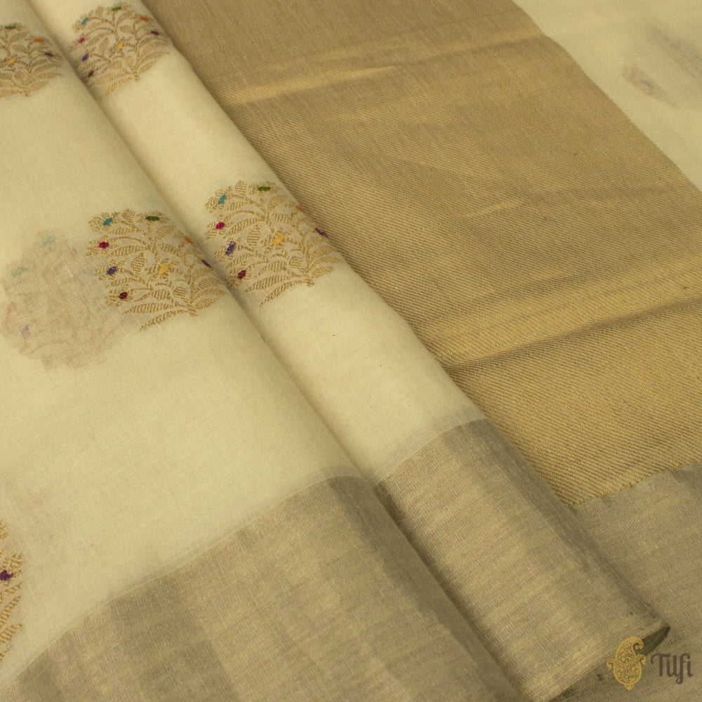 Off-White Pure Fine Tussar Silk by Cotton Handloom Banarasi Saree