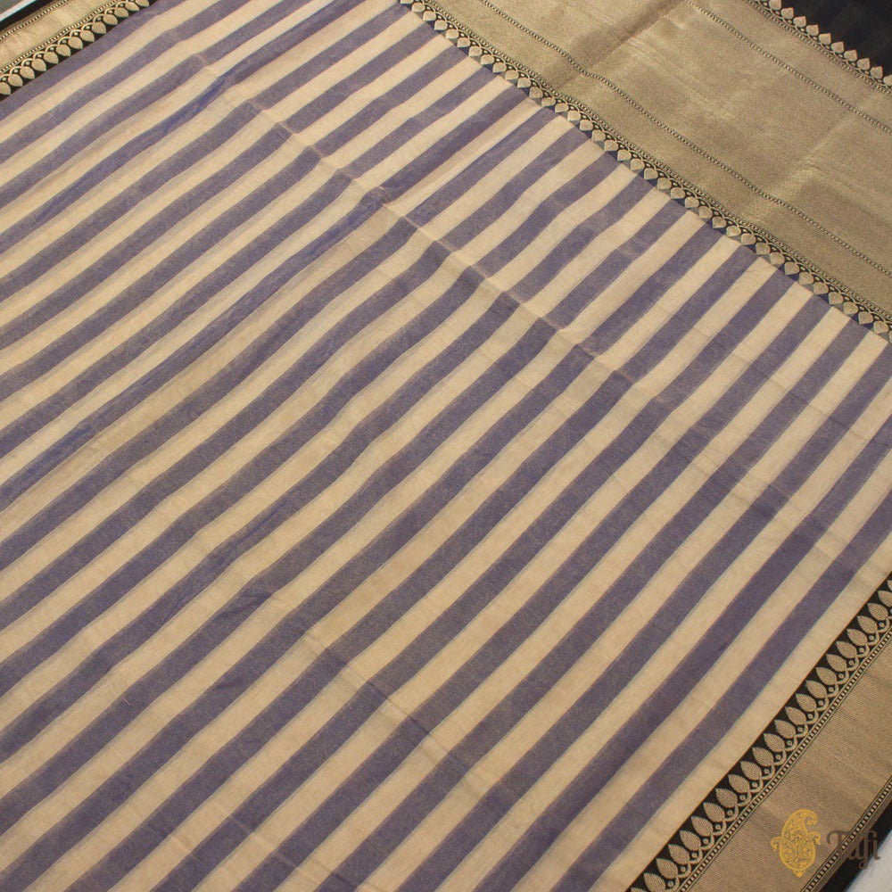 Purplish Blue-Off-White Pure Cotton Tissue Banarasi Handloom Saree