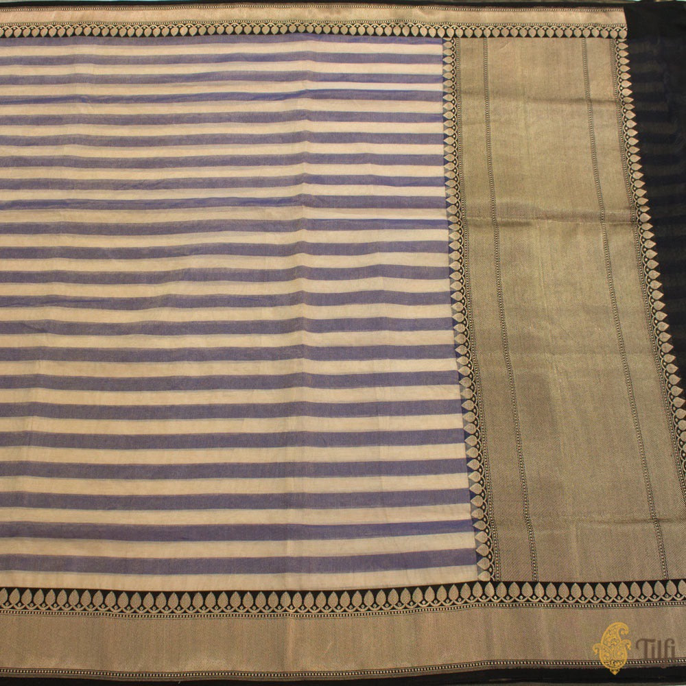 Purplish Blue-Off-White Pure Cotton Tissue Banarasi Handloom Saree