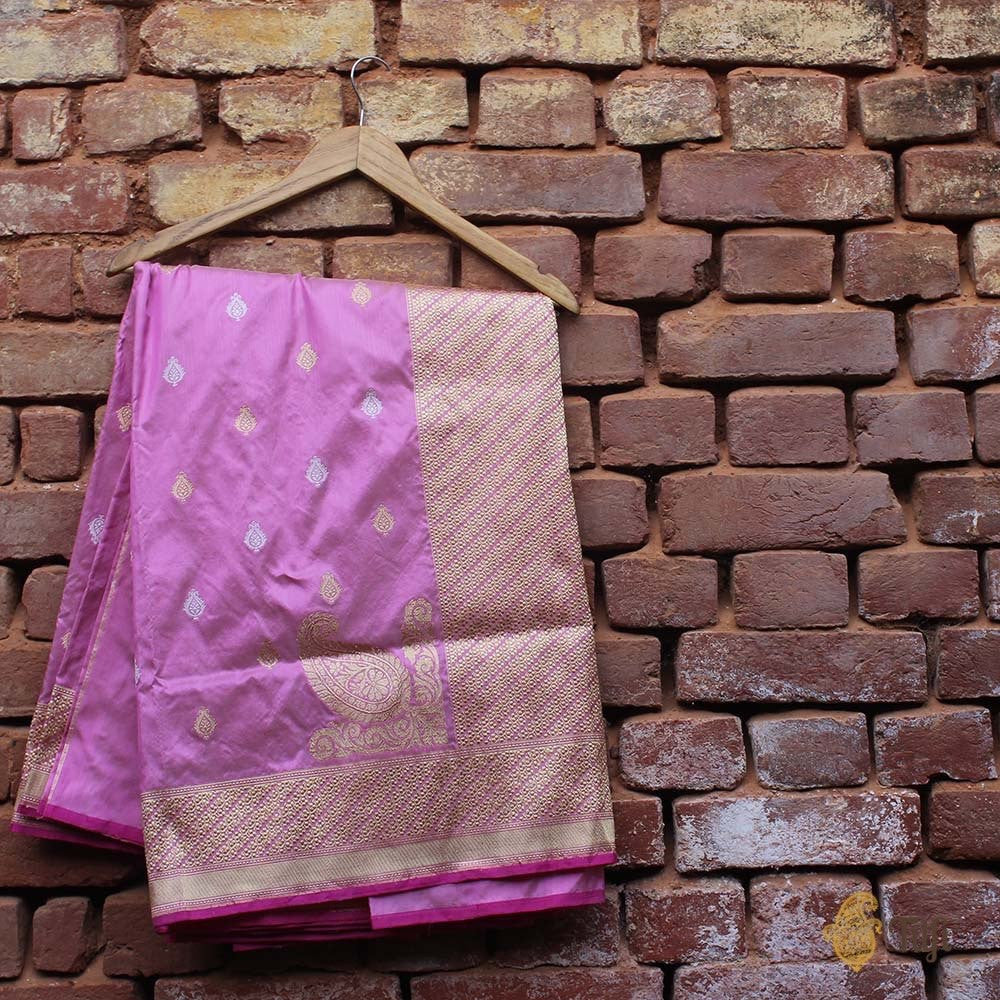 Cream-Gajri Pink Pure Katan Silk Banarasi Handloom Saree