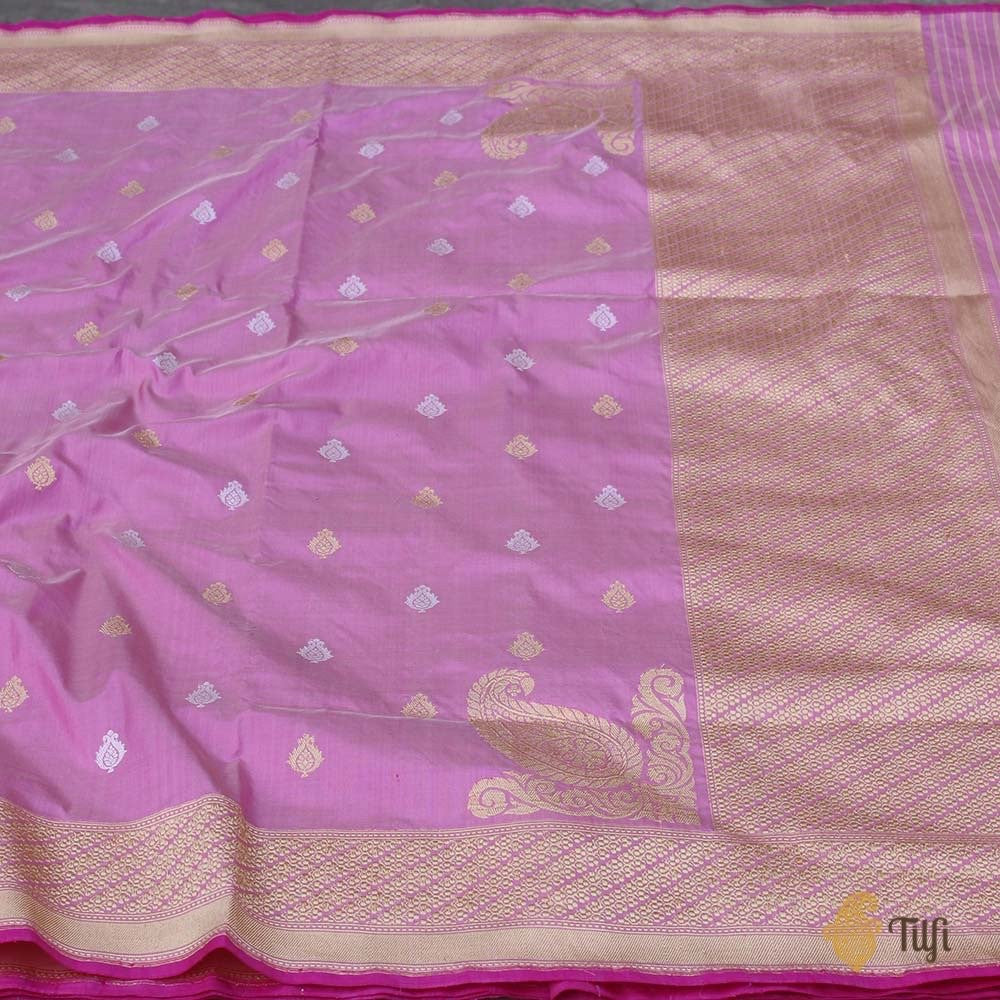 Cream-Gajri Pink Pure Katan Silk Banarasi Handloom Saree