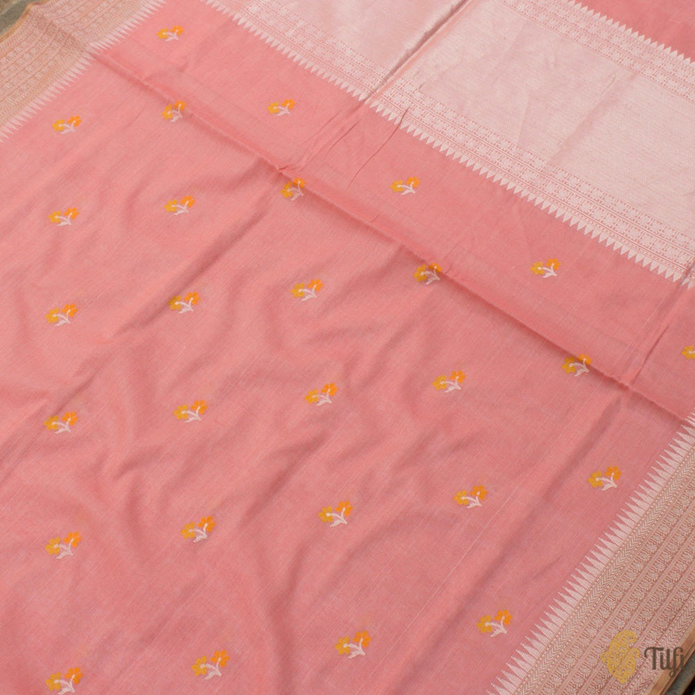 Coral Pink Pure Fine Tussar Silk by Cotton Handloom Banarasi Saree
