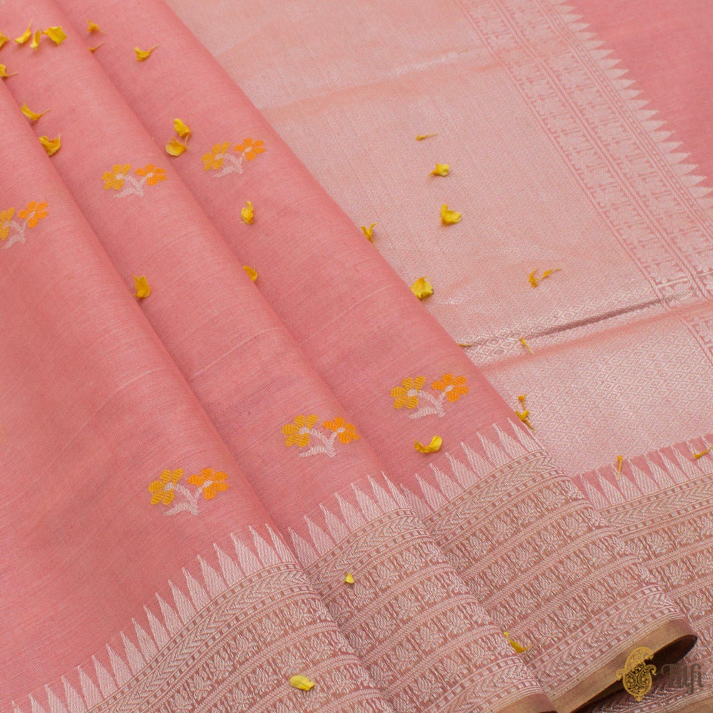 Coral Pink Pure Fine Tussar Silk by Cotton Handloom Banarasi Saree