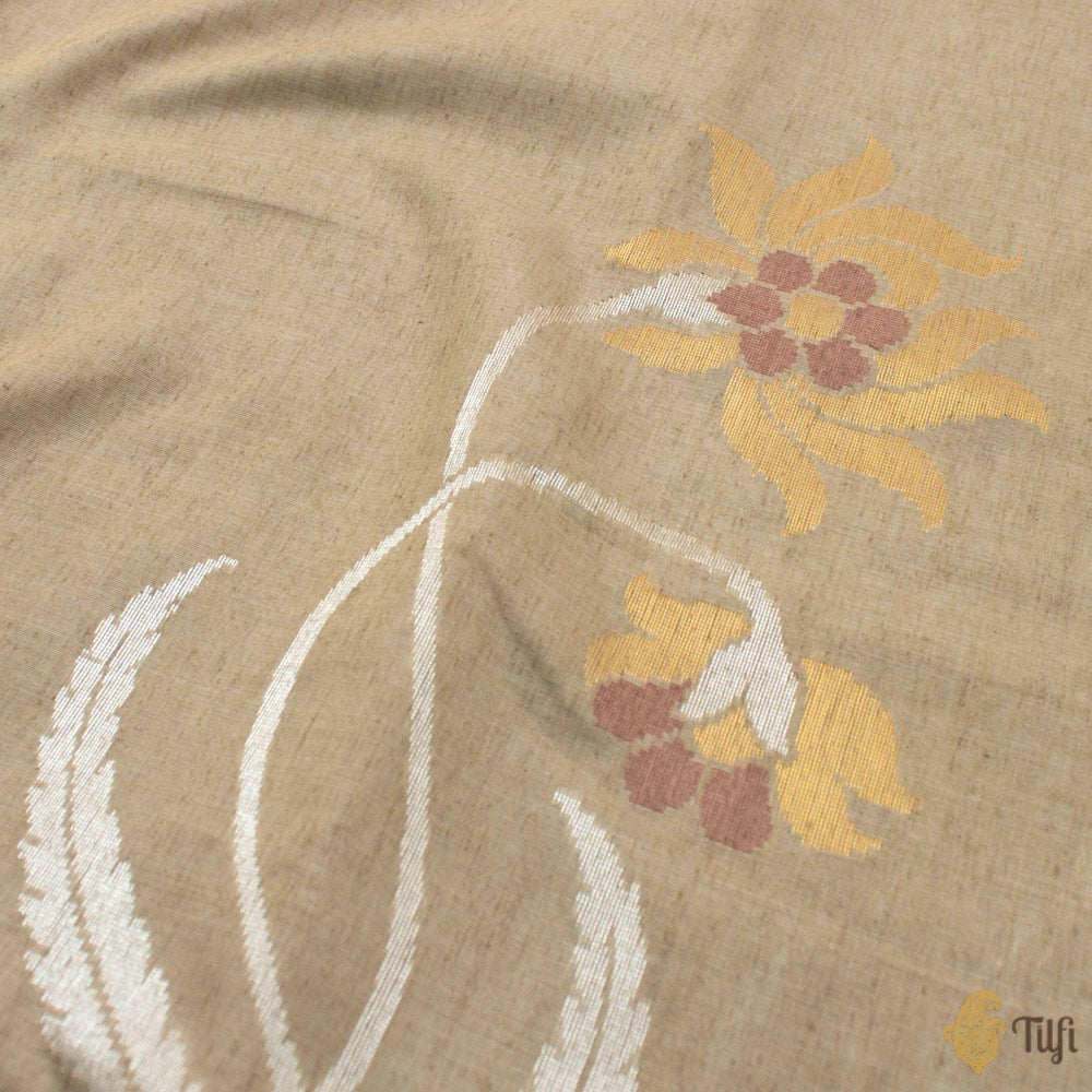 Grey-Beige Pure Fine Tussar Silk by Cotton Handloom Banarasi Saree