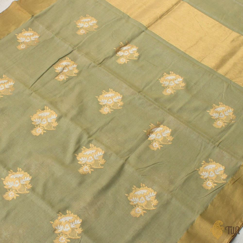 Light Pista Green Pure Fine Tussar Silk by Cotton Handloom Banarasi Saree