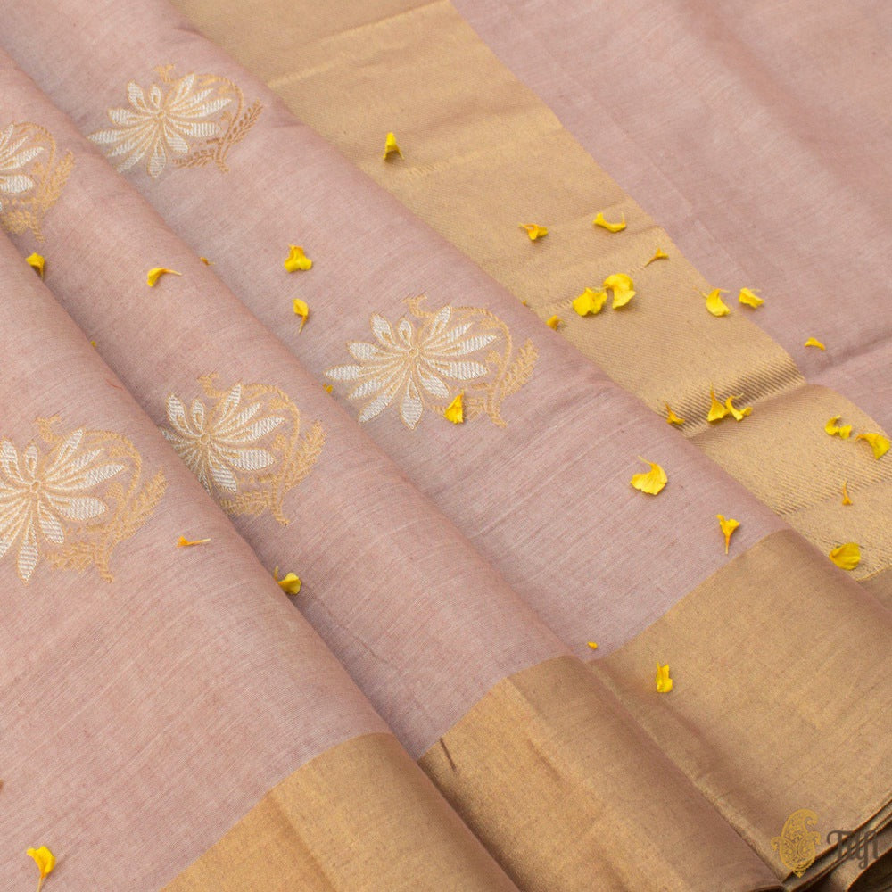 Light Pink Pure Fine Tussar Silk by Cotton Handloom Banarasi Saree