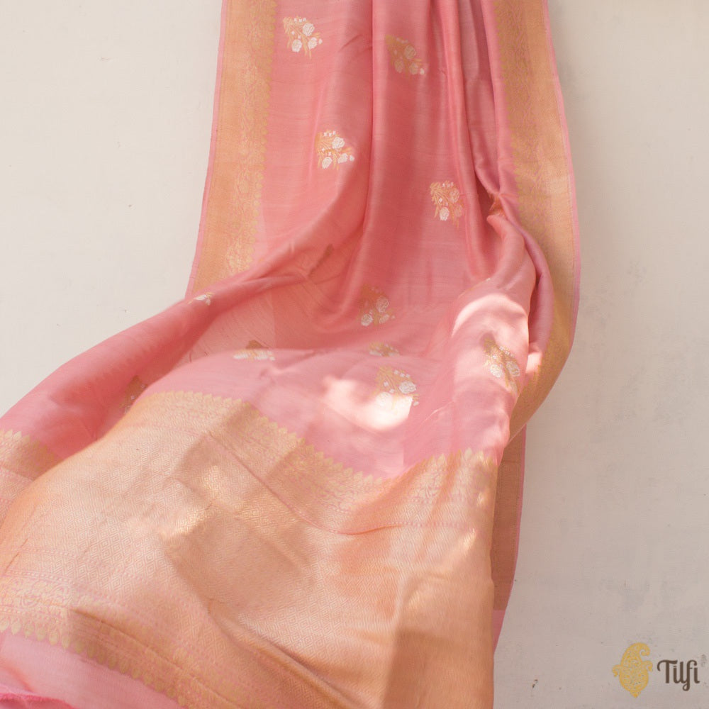 Pink Pure Tussar Georgette Silk Banarasi Handloom Saree
