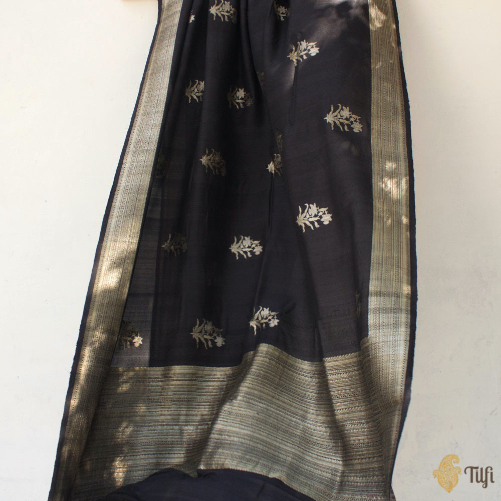 Black Pure Tussar Georgette Silk Banarasi Handloom Saree