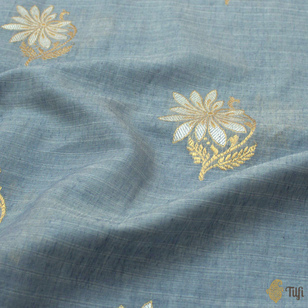 Grey Blue Pure Fine Tussar Silk by Cotton Handloom Banarasi Saree