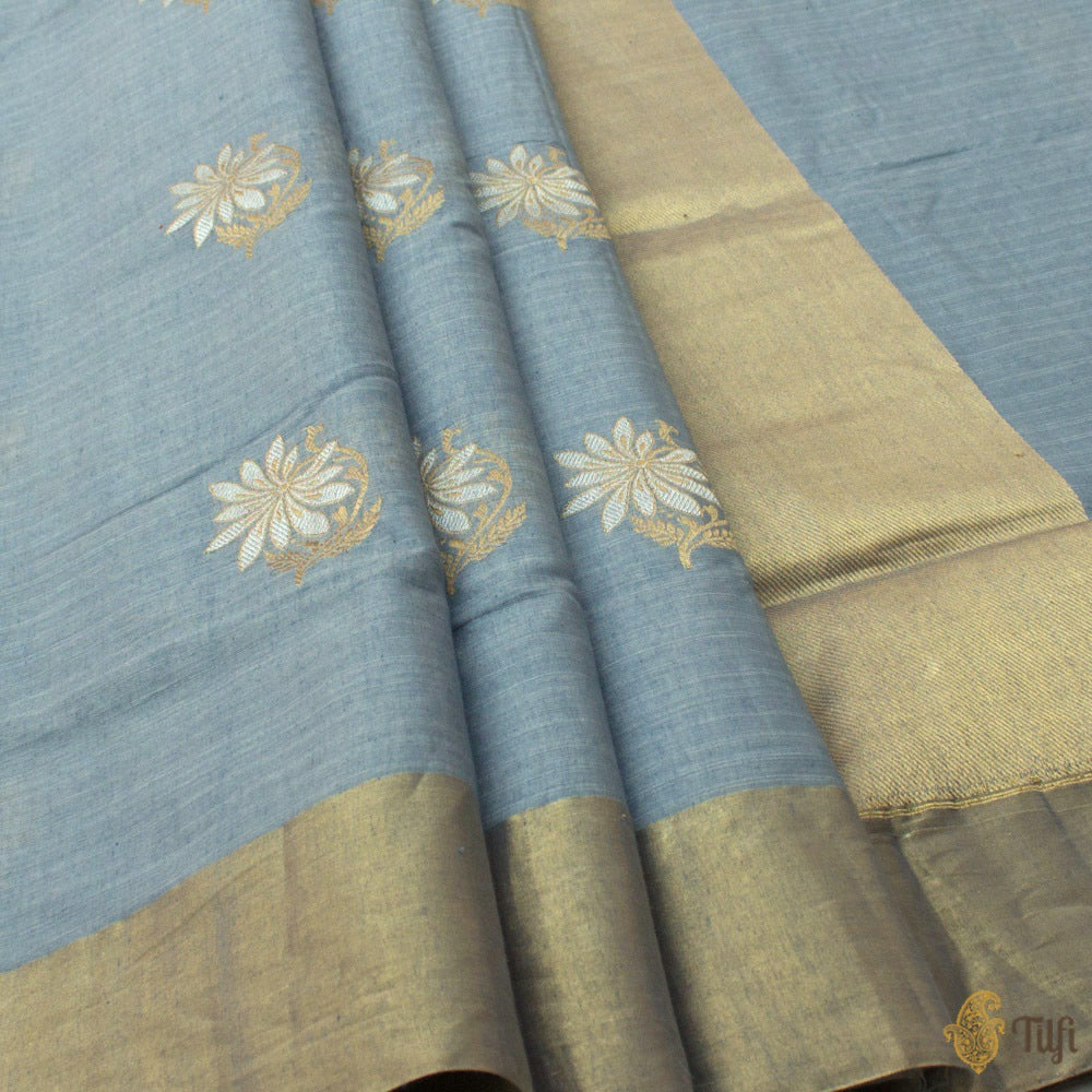 Grey Blue Pure Fine Tussar Silk by Cotton Handloom Banarasi Saree