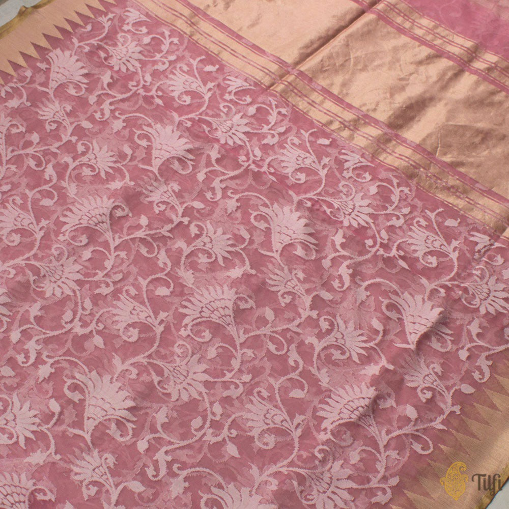Rose Pink Pure Kora Silk Net Banarasi Handloom Saree