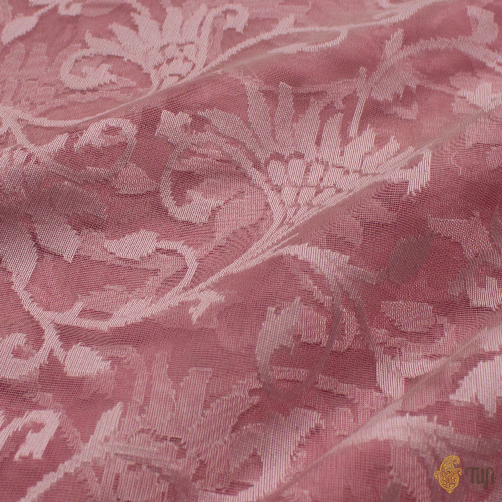 Rose Pink Pure Kora Silk Net Banarasi Handloom Saree