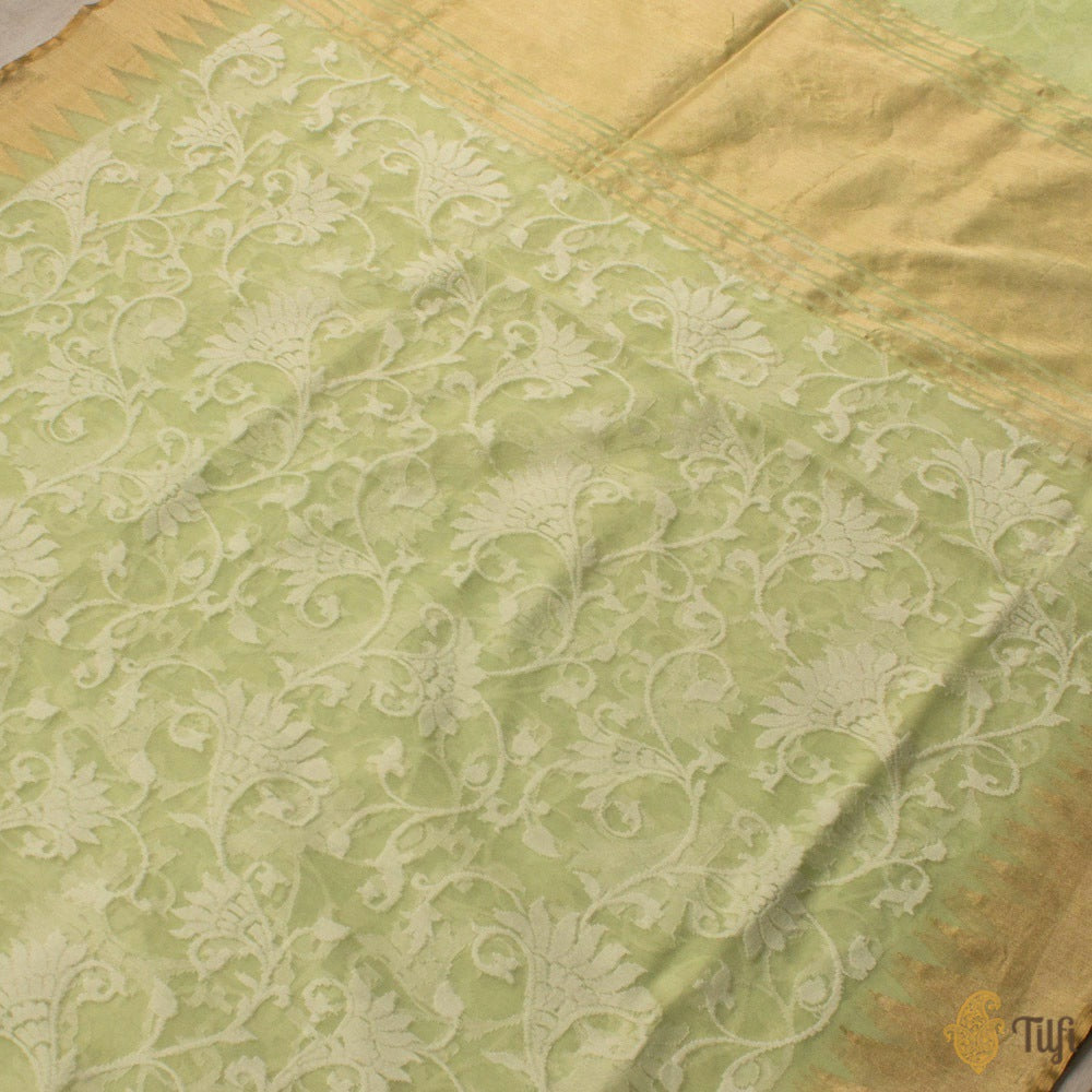 Light Green Pure Kora Silk Net Banarasi Handloom Saree
