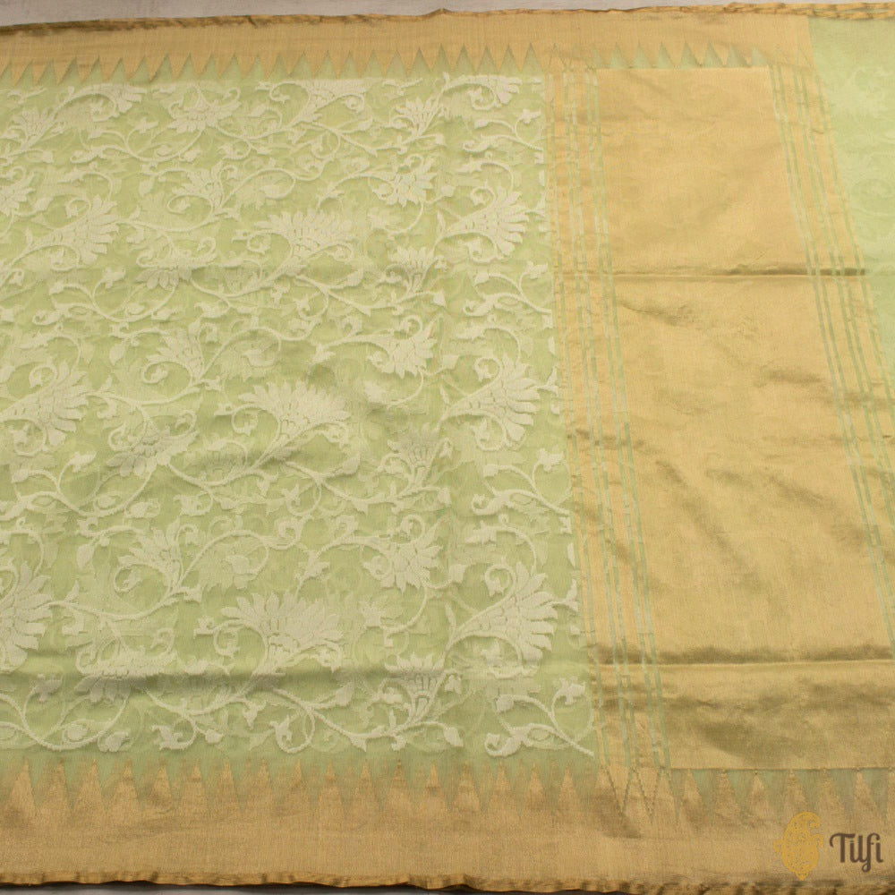 Light Green Pure Kora Silk Net Banarasi Handloom Saree