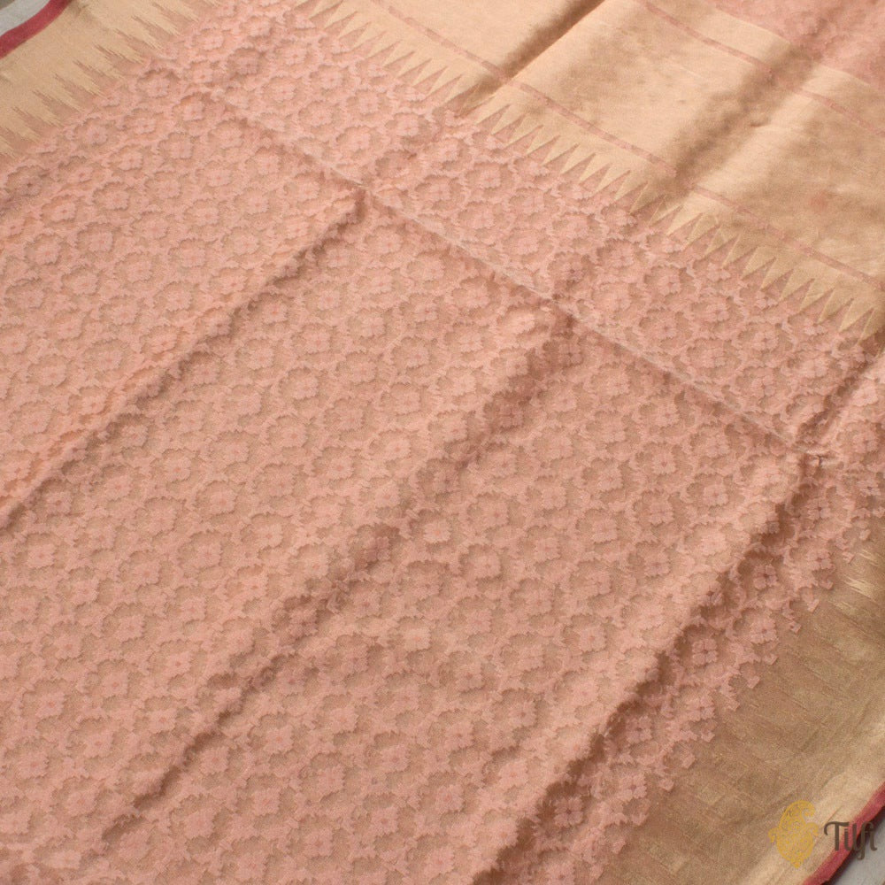 Peach Pure Kora Silk Tissue Net Banarasi Handloom Saree