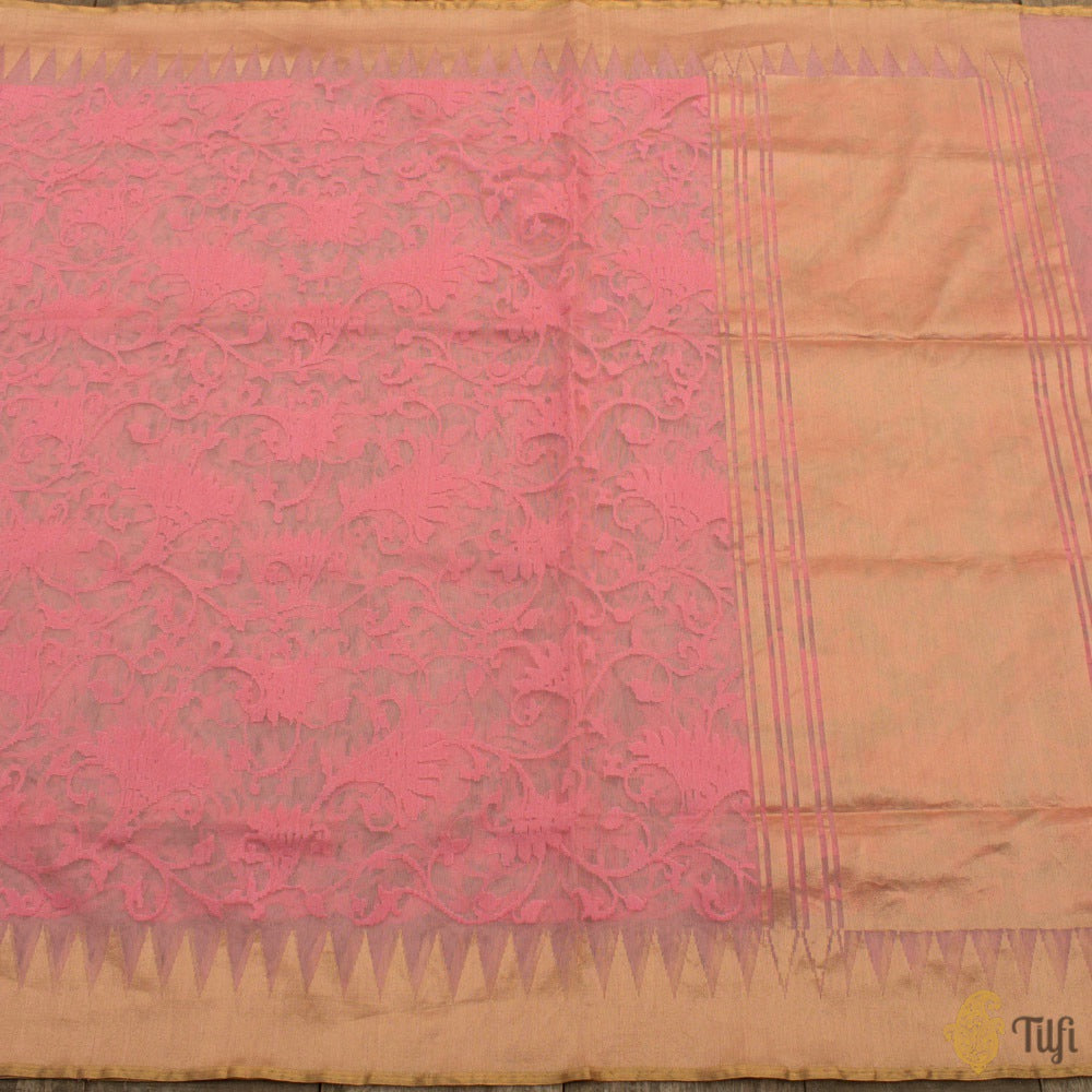 Carnation Pink Pure Kora Silk Net Banarasi Handloom Saree