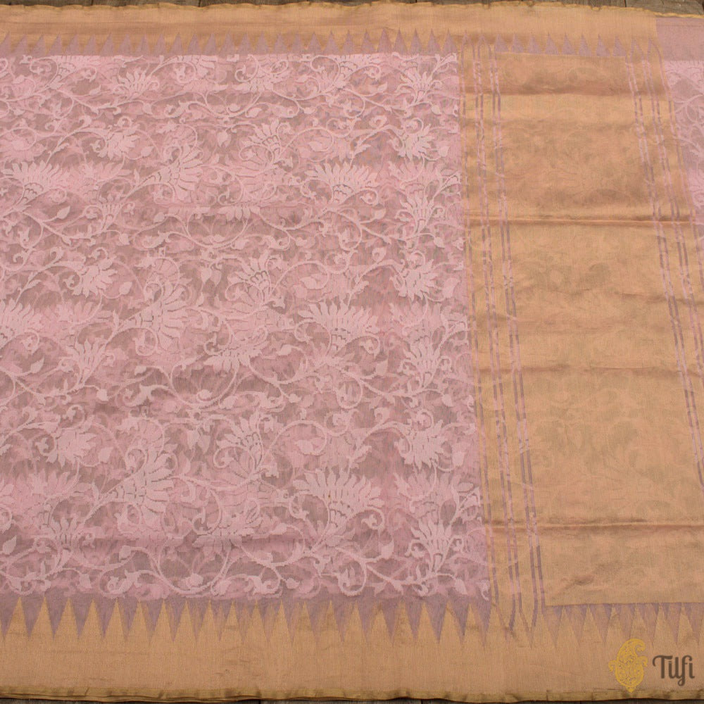 Light Pink Pure Kora Silk Net Banarasi Handloom Saree