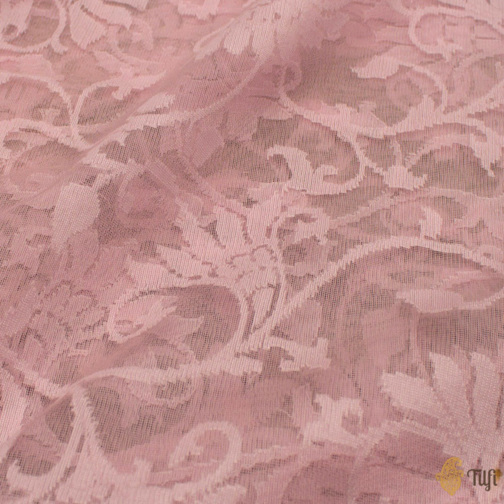 Light Pink Pure Kora Silk Net Banarasi Handloom Saree