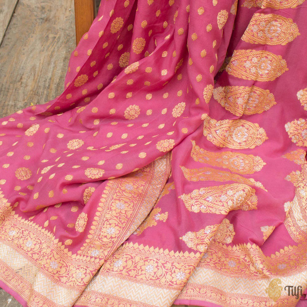 Rani Pink Pure Georgette Banarasi Handloom Saree