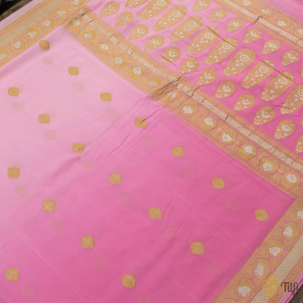 Pink Ombre Pure Chiffon Georgette Banarasi Handloom Saree