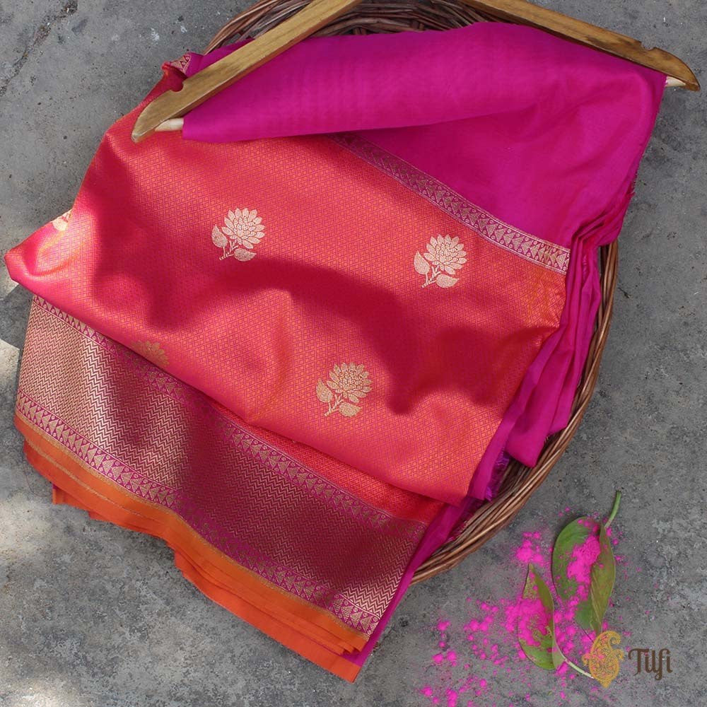 Pink-Orange Pure Silk Georgette Banarasi Handloom Saree