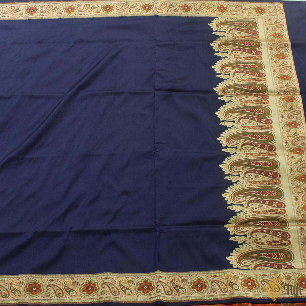 Navy Blue Pure Katan Silk Jamawar Banarasi Handloom Saree