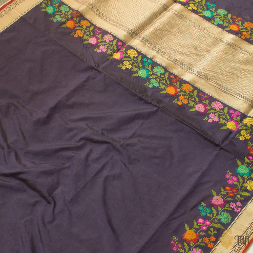 Purple-Navy Blue Pure Katan Silk Banarasi Handloom Saree