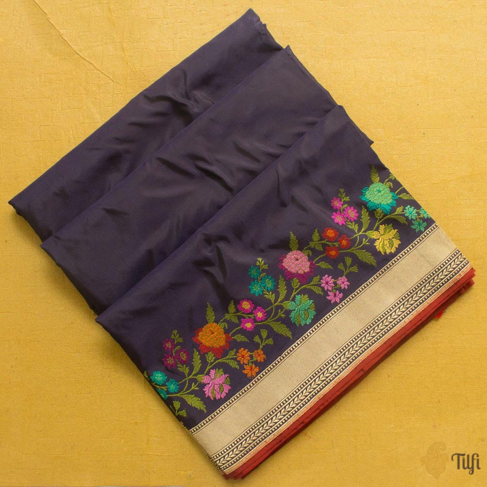 Purple-Navy Blue Pure Katan Silk Banarasi Handloom Saree