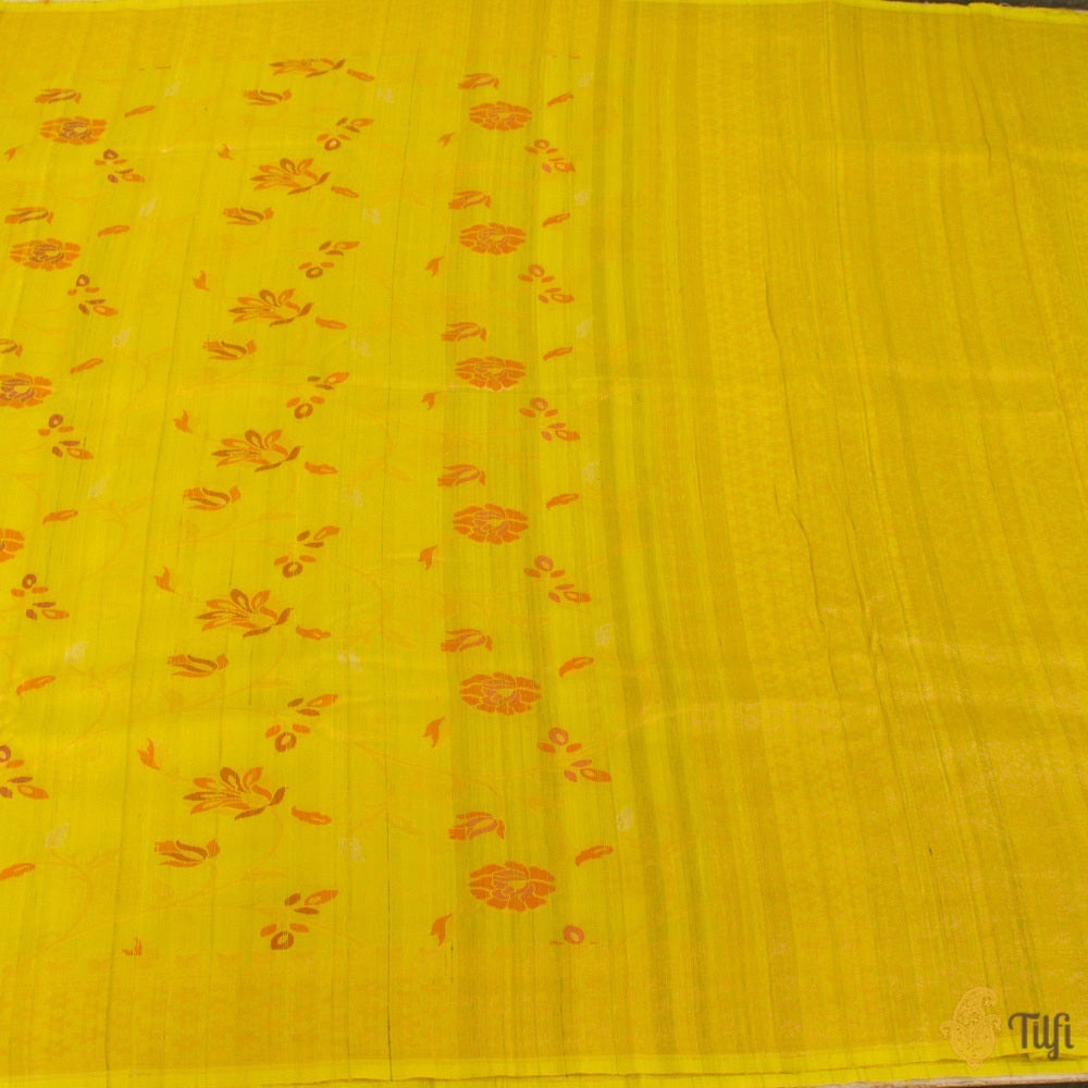 Greenish-Yellow Pure Tussar Georgette Silk Banarasi Handloom Saree