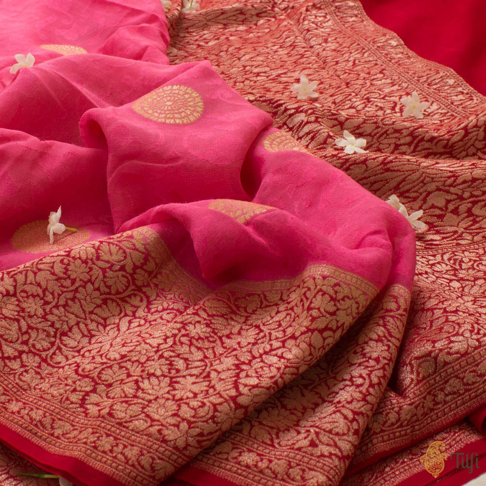 Pink-Red Pure Khaddi Georgette Banarasi Handloom Saree