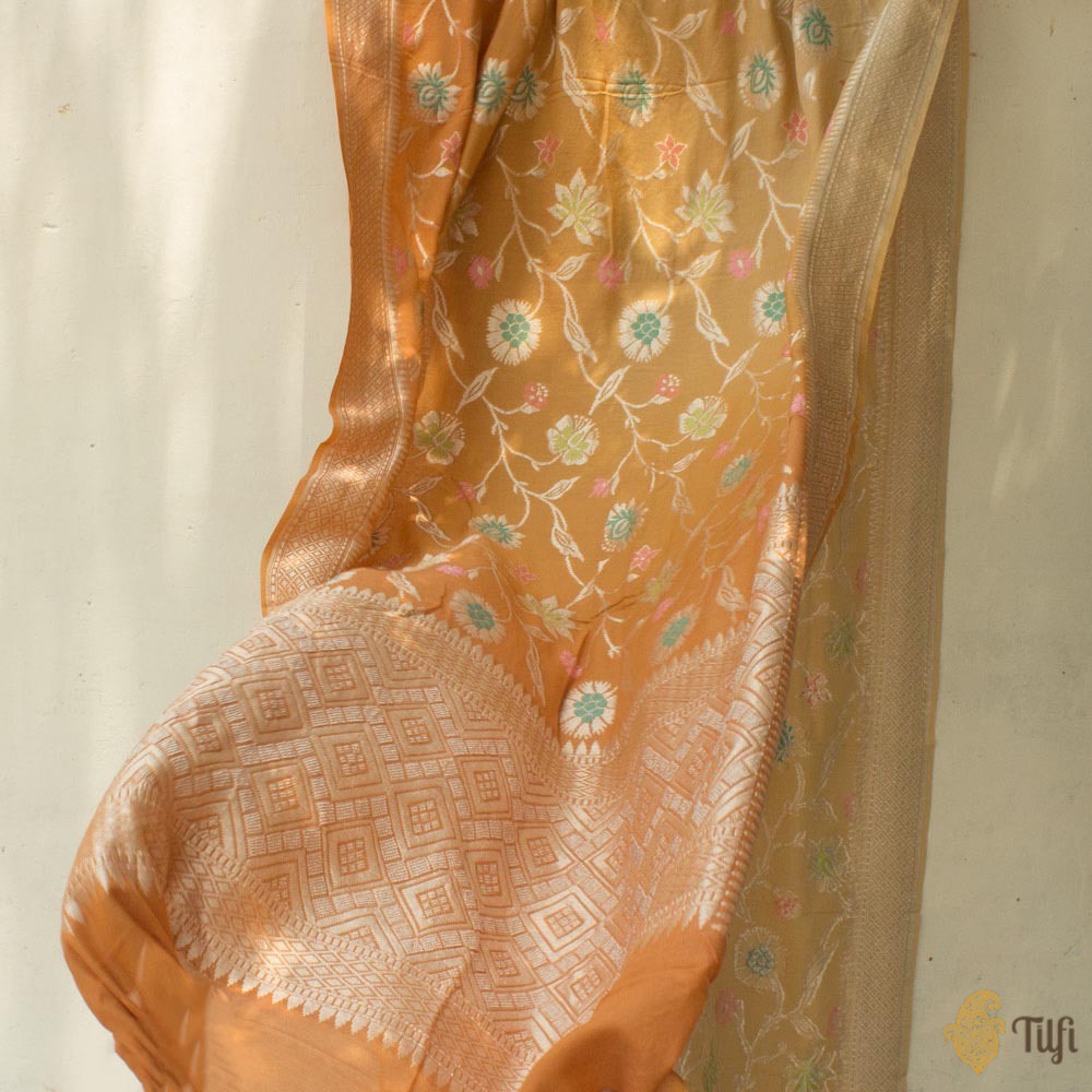 Pale Orange Ombré Pure Monga Georgette Silk Banarasi Handloom Saree