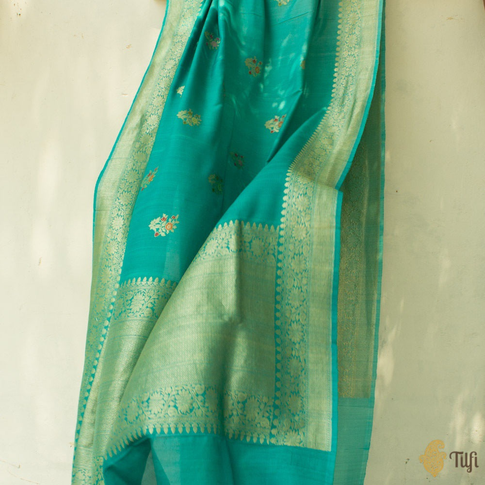 Teal Blue Pure Tussar Georgette Silk Banarasi Handloom Saree