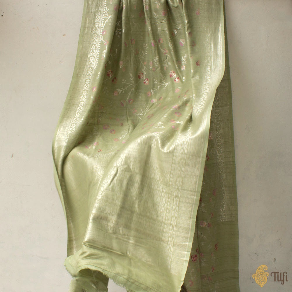 Sage Green Pure Tussar Georgette Silk Banarasi Handloom Saree