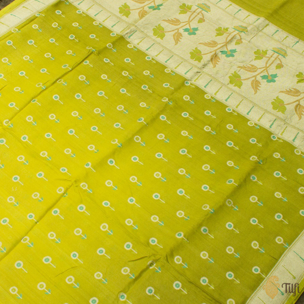 Lime Green Ombré Pure Tussar Georgette Silk Banarasi Handloom Saree