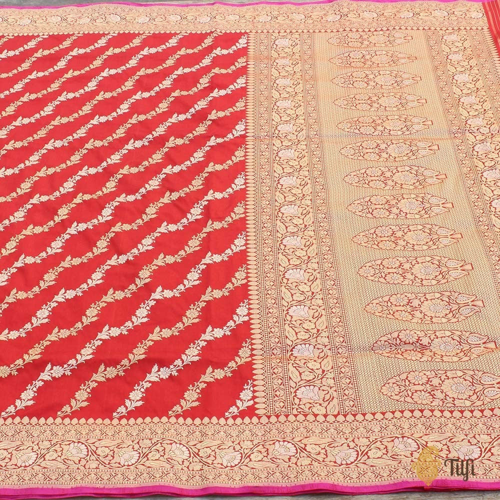 &#39;Sohini&#39; Red Pure Katan Silk Banarasi Handloom Saree