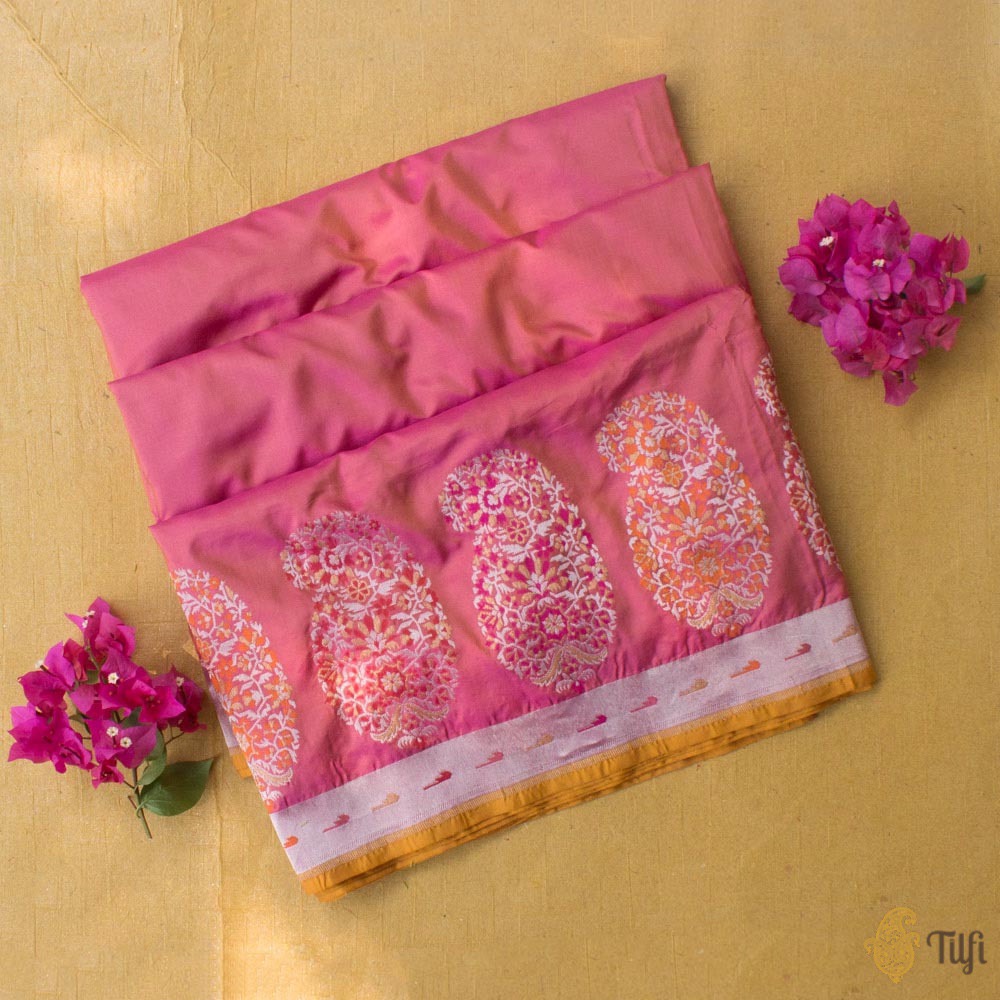 Mustard-Rani Pink Pure Katan Silk Banarasi Handloom Saree