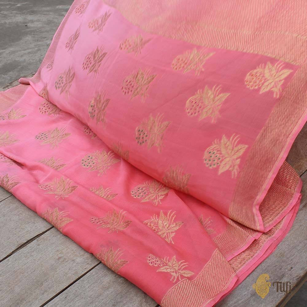 Peach-Pink Pure Chiffon Georgette Banarasi Handloom Saree