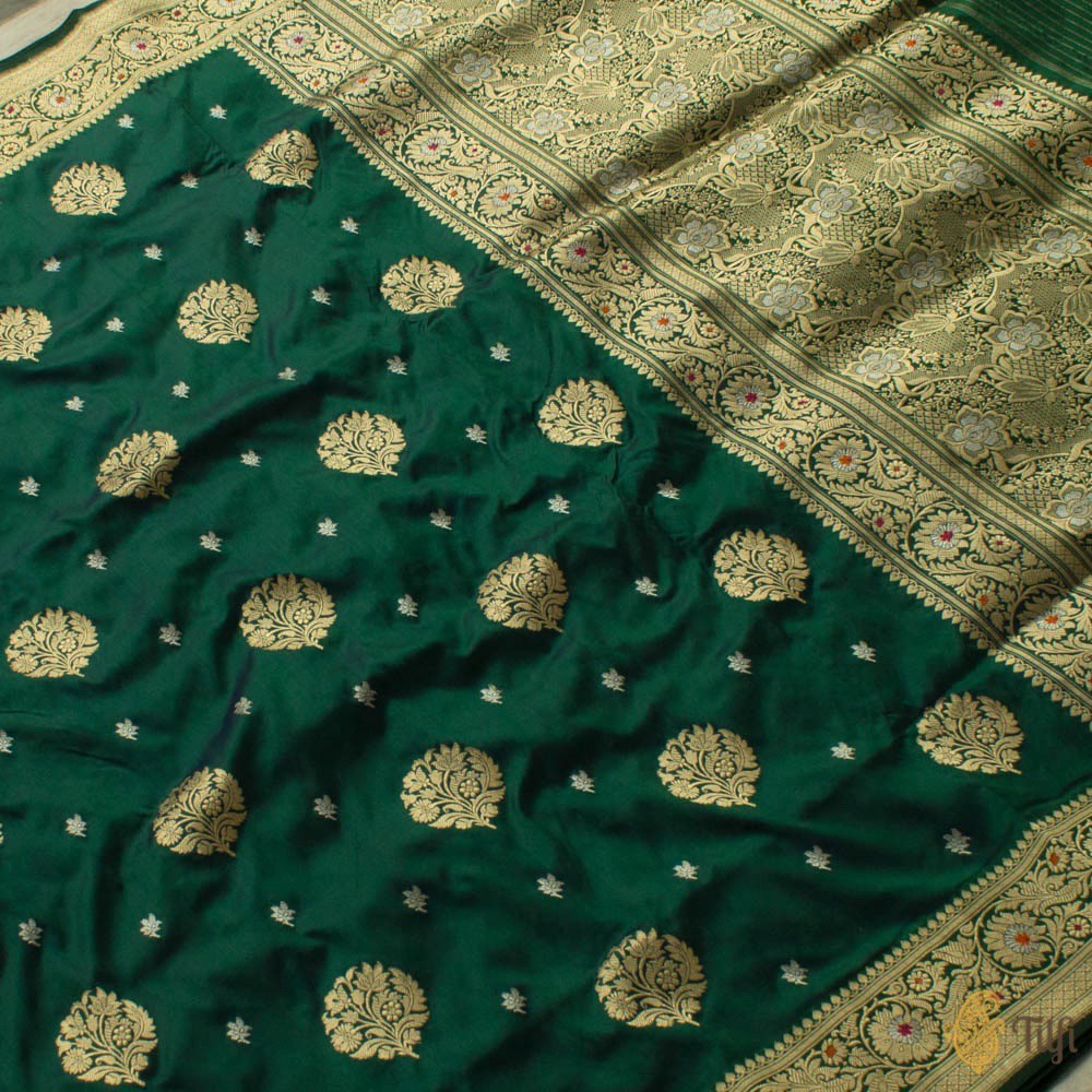 Deep Green Pure Katan Silk Banarasi Handloom Saree
