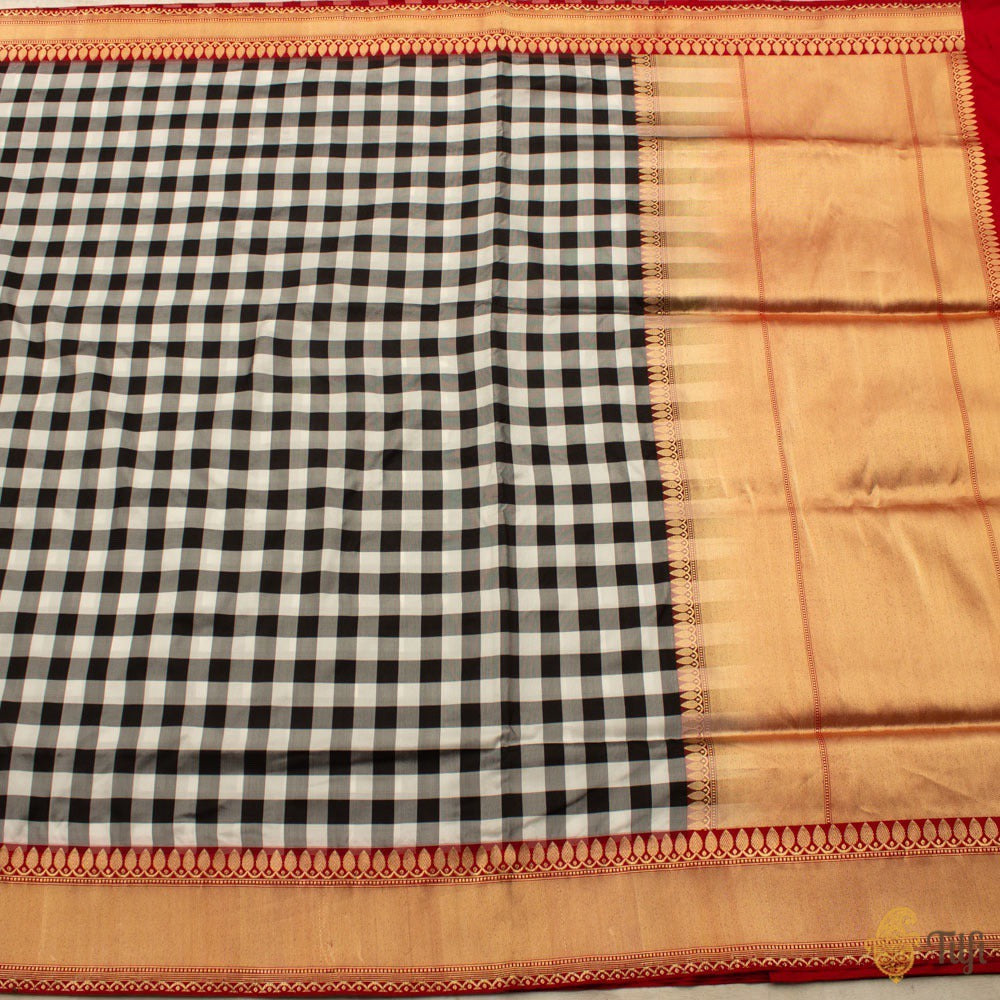 White-Black Checkered Pure Katan Silk Handloom Banarasi Saree