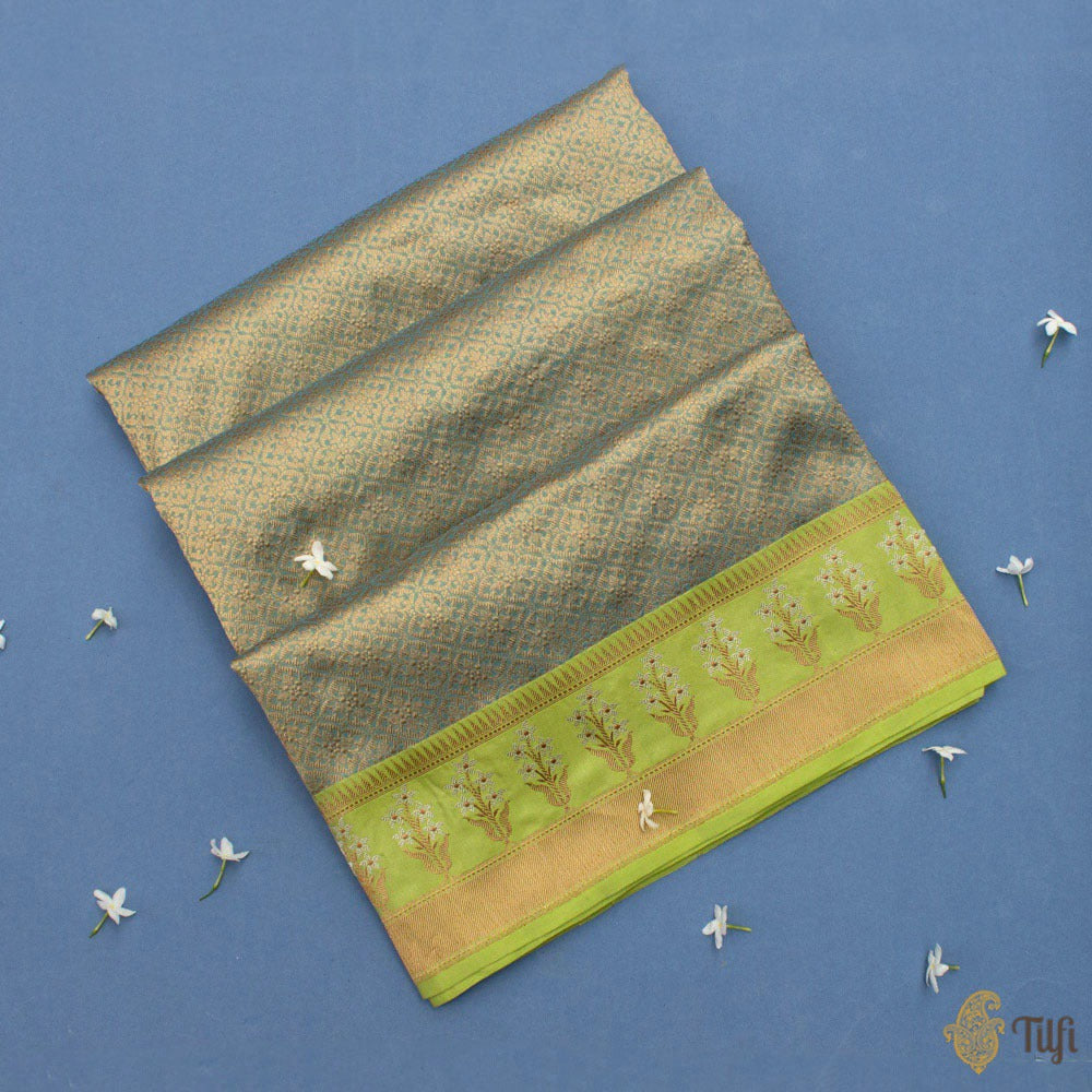Greyish Blue-Green Pure Katan Silk Banarasi Handloom Saree