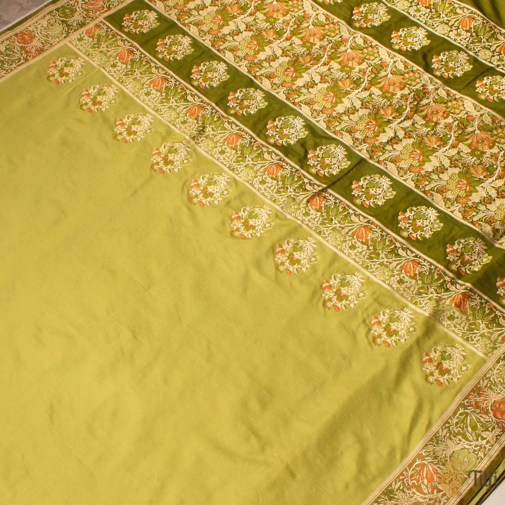 Green Pure Satin Silk Banarasi Valkalam Handloom Saree