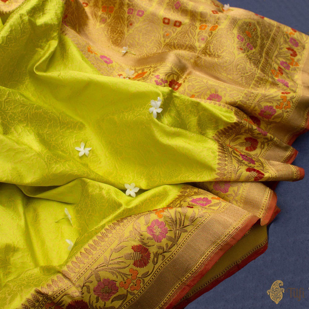 Yellow-Green Pure Katan Silk Banarasi Handloom Saree