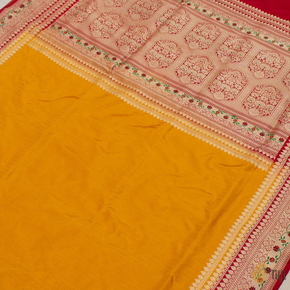 Mustard-Red Pure Katan Silk Banarasi Handloom Saree