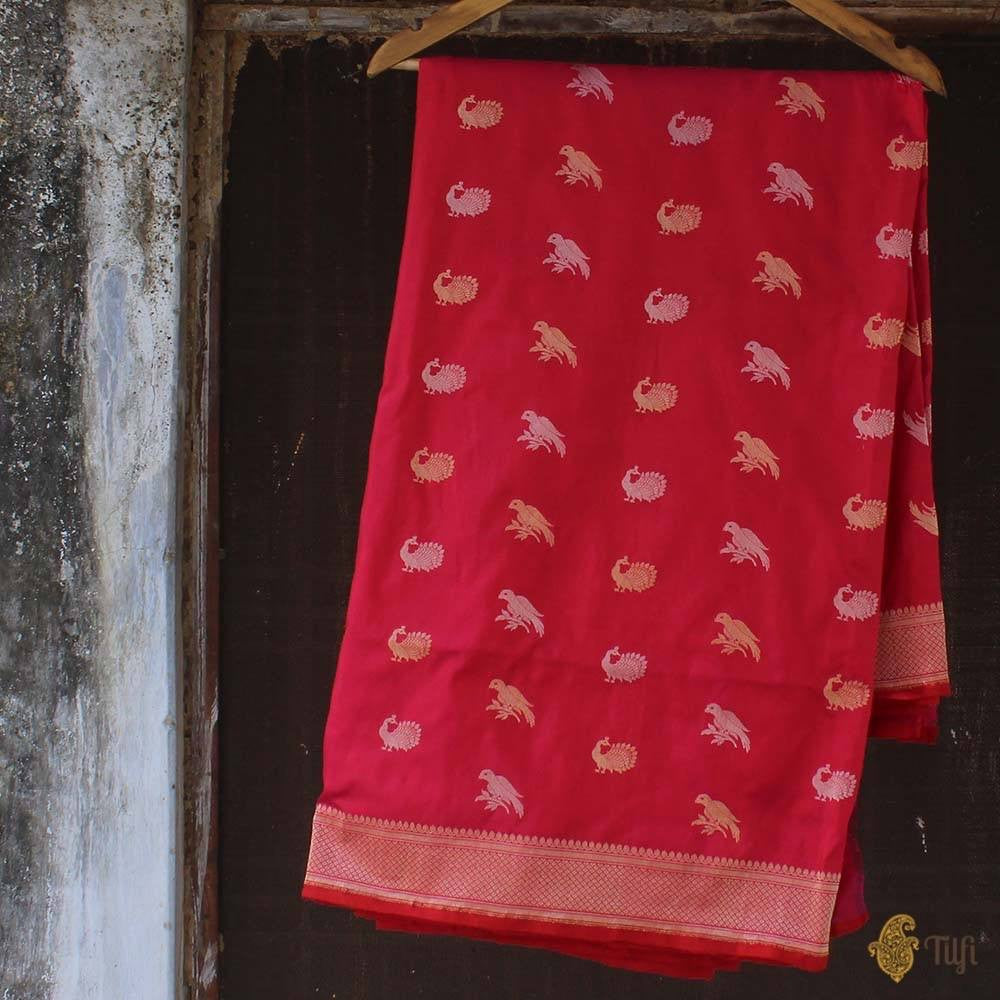 Indian Pink-Red Pure Katan Silk Banarasi Handloom Saree
