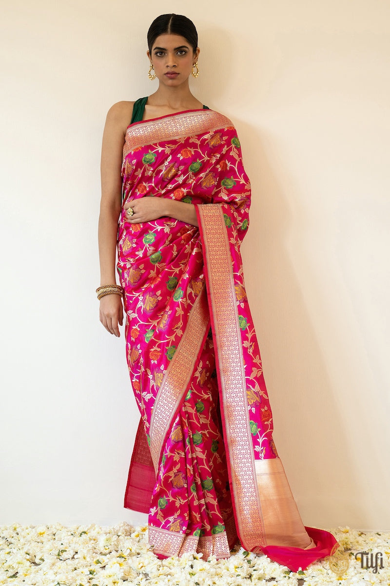 &#39;Adana&#39; Red-Rani Pink Pure Katan Silk Banarasi Handloom Saree