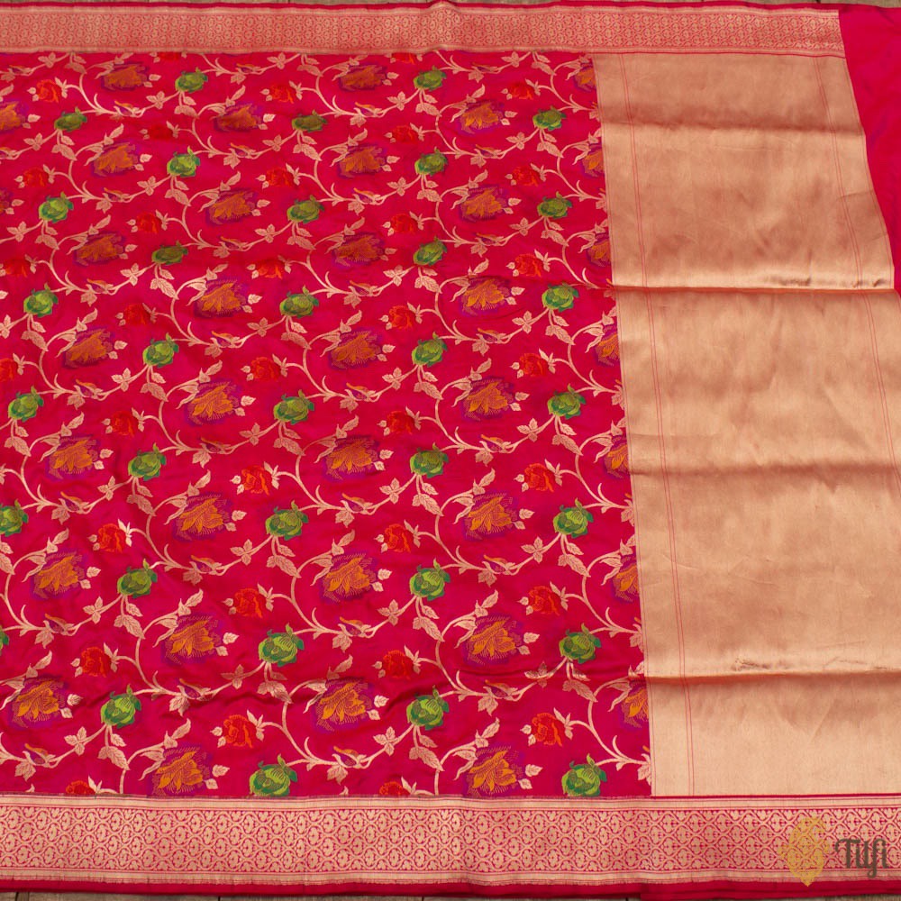 &#39;Adana&#39; Red-Rani Pink Pure Katan Silk Banarasi Handloom Saree