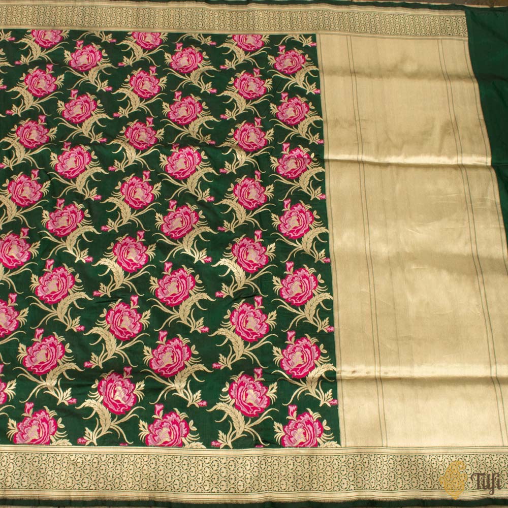 &#39;A Bed of Roses&#39; Dark Green Pure Katan Silk Banarasi Handloom Saree