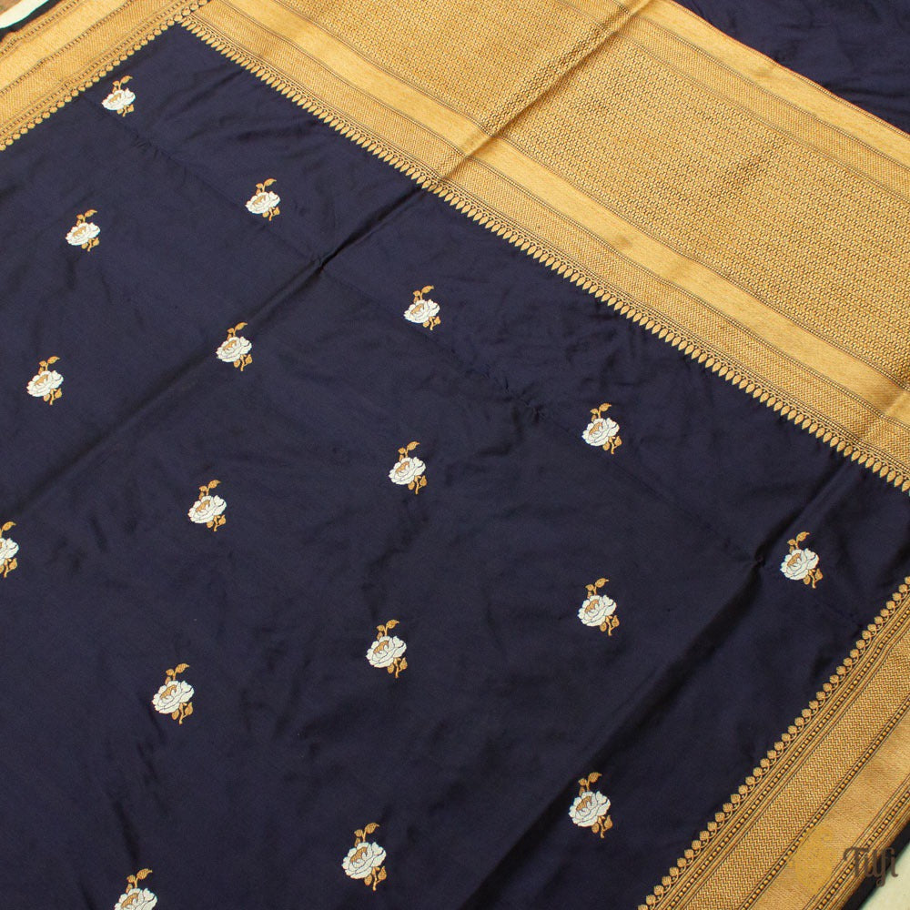 Deep Navy Blue Pure Katan Silk Banarasi Handloom Saree