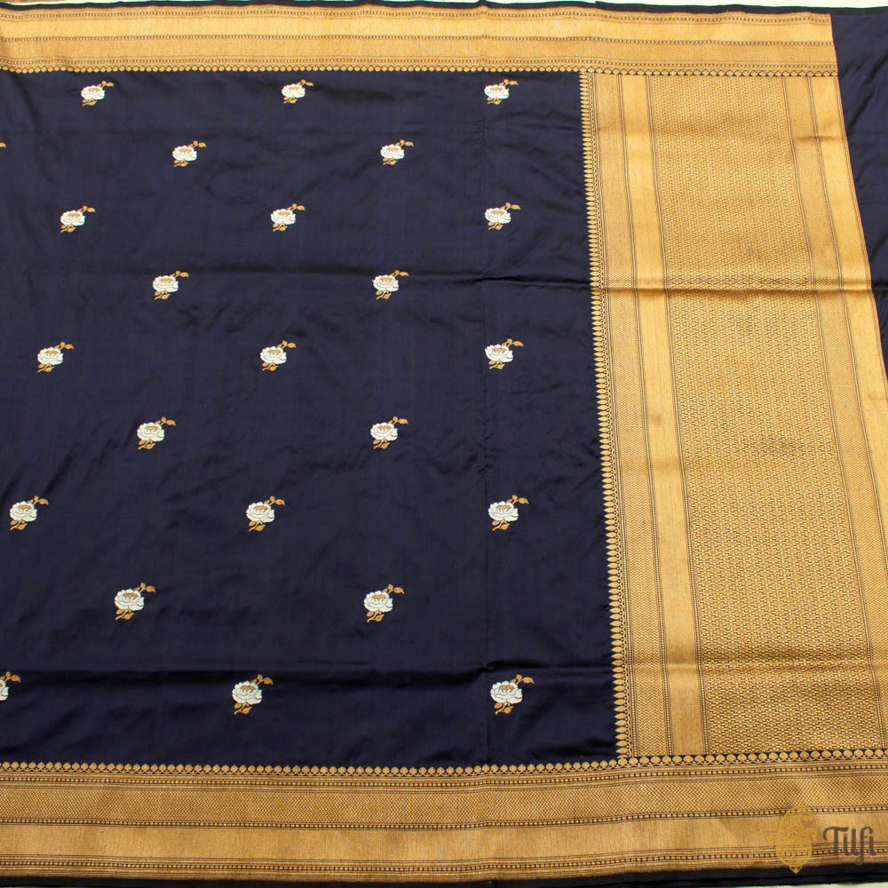 Deep Navy Blue Pure Katan Silk Banarasi Handloom Saree