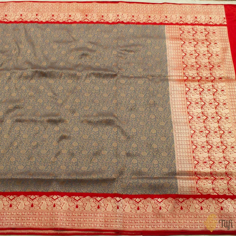 Grey-Red Pure Katan Silk Handwoven Banarasi Saree